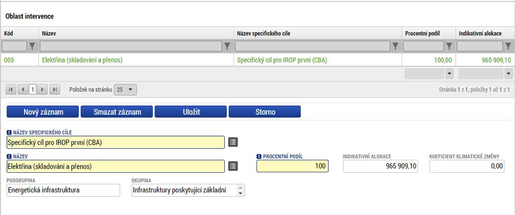 V systému se záznamy oblasti intervence rozpadají za kategorie regionu (Méně rozvinuté, Více rozvinuté) podle procent uvedených na záložce Specifické cíle.