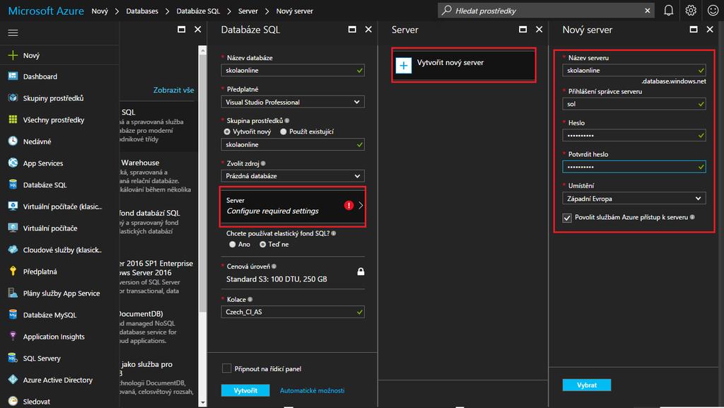 Kolace: Czech_CI_AS 4. Klikněte na Server pro vytvoření a nastavení SQL serveru pro novou databázi.