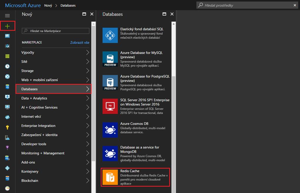 Nastavení mezipaměti Redis Cache K udržení stavu relace bude použita mezipaměť Redis Cache, jak bylo popsáno v sekci 4.3.3. Pro použití mezipaměti je nutné provést její vytvoření na portále Azure.