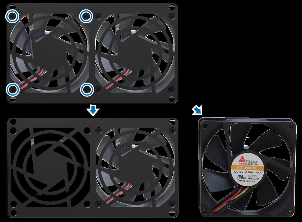 4 Vyndejte nefunkční ventilátor: a Vytáhněte ze zařízení DiskStation panel