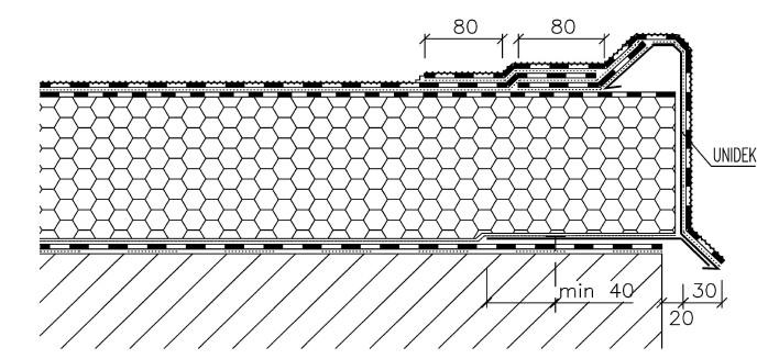 Schéma řešení asfaltové hydroizolace - ukončeni štítové stěny, střecha