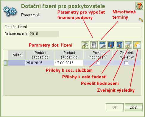 zveřejnit výsledky hodnocení a výše přiznané dotace Spuštění úlohy administrace: Zvolte v menu úlohu Administrace dot. řízení kraje a zvolte dotační rok a klikněte na tl. údržby: Kliknutím na tl.