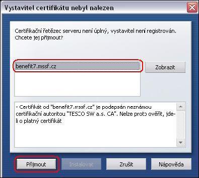 Internet Explorer 7 V tomto prohlížeči se žadateli zobrazí Problém s certifikátem v podobě viz obrázek níže.