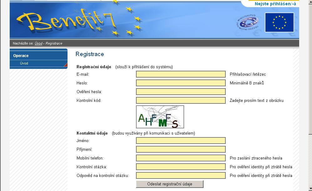 V nabídce Úvod klikne uživatel v levém modrého panelu na tlačítko Registrace. Tím se mu otevře následující okno k zadání registračních údajů.