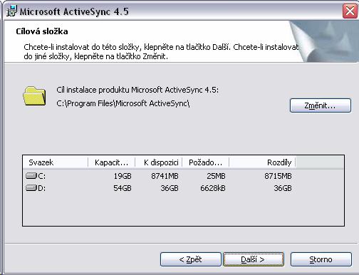 Instalace zkontroluje volné místo na disku, zobrazí informace a nabídne změnu cílového adresáře.