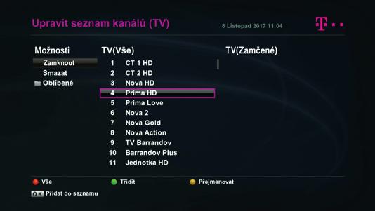 NASTAVENÍ EDITACE SEZNAMU KANÁLŮ Základní pořadí a názvy kanálů, které Vám poskytuje služba T-Mobile SAT TV, jsou dané a načítají se z družice automaticky.