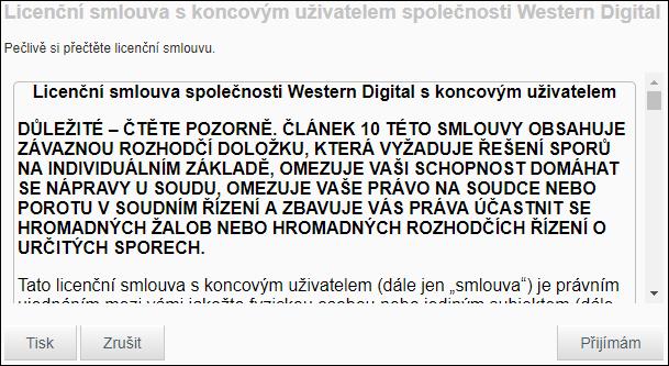 Příprava disku My Passport Wireless k použití 6. Přečtěte si smlouvu a klikněte na možnost Přijímám: 7. Zaškrtněte políčko Souhlasím s podmínkami licenční smlouvy a klikněte na Přijímám. 8.