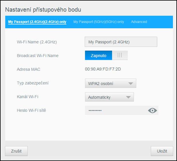 Připojování disku Karta My Passport (2,4 GHz) Pole Název Název Wi-Fi Vysílání názvu Wi-Fi Adresa MAC Typ zabezpečení Kanál Wi-Fi Popis Označuje název bezdrátové sítě.