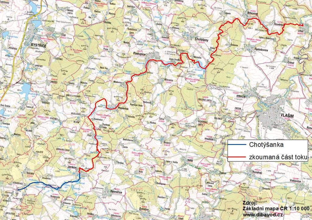 Obrázek 1 - Vodní tok Chotýšanka s vyznačením řešeného úseku [7], [8] 3.