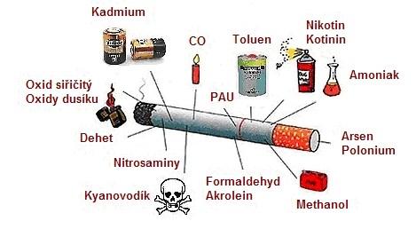 Sloţení cigaretového kouře ( 4 000 chemický látek ) (= polycyklický aromat.
