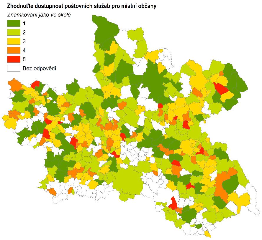 Dostupnost poštovních služeb v obcích KHK 2018 Podíl na odpovědích v % 100,0 90,0 80,0 70,0 60,0 50,0 40,0 30,0 6,8 6,0 2,5 2,6 8,9 12,8 11,9 25,2 25,3 31,0