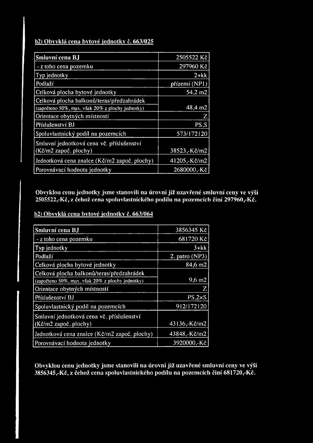 b2) Obvyklá cena bytové jednotky č. 663/025 2505522 Kč - z toho cena pozemku 297960 Kč (započteno 50%, m ax.