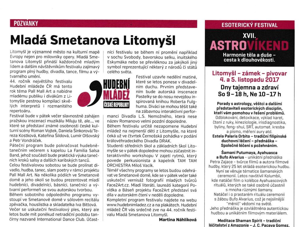 Článek o festivalu Mladá Smetanova Litomyšl 2017 ve zpravodaji LILIE, městském zpravodaji města Litomyšl číslo 9/2017 Celé