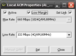 4.2.10 ACM Properties pro spoje MP600 Dialog nastavení bezeztrátového přepínání modulací. Volba parametrů a zobrazený stav daného směru se týkají příjmu demodulátoru stanice.