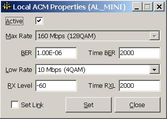 4.2.11 ACM Properties pro spoje MP360/165 a AL80LP Dialog nastavení přenosových vlastností modulátoru pro adaptivní modulaci.