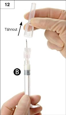 Připevněte bezpečnostní jehlu ke stříkačce B tak, že budete držet stříkačku a jehlu na ni našroubujete jemným otáčením po směru hodinových ručiček asi o tři čtvrtě otáčky až do polohy, kdy jehla na
