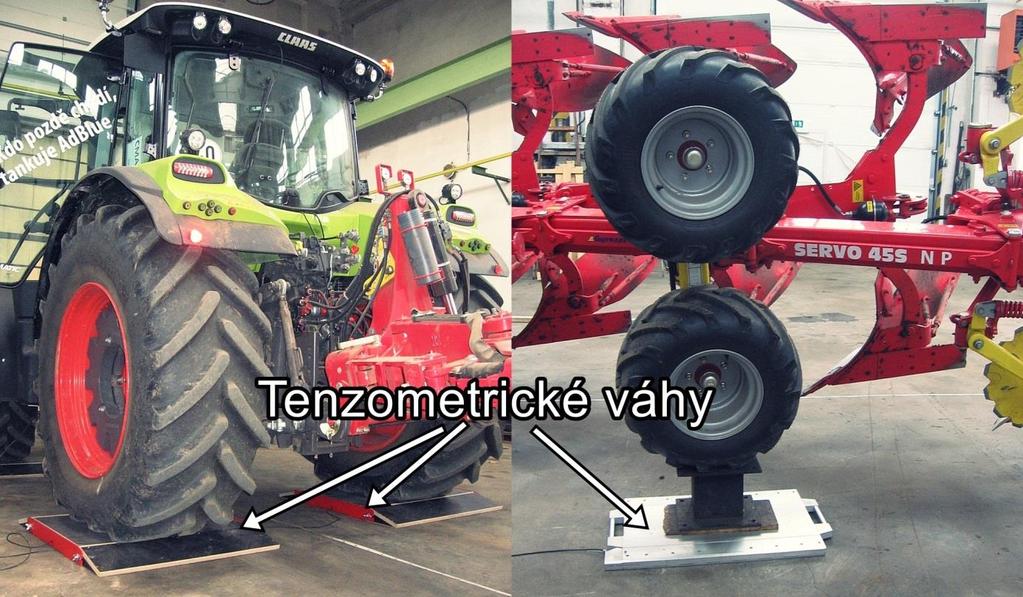 LABORATORNÍ MĚŘENÍ Obr. 2.12 Měření zatížení pod jednotlivými koly traktorové soupravy traktoru Claas Arion 640 CMATIC a pluhu Pöttinger.