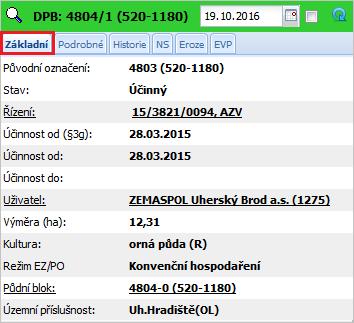 Poklikem na řádek vyhledaného DPB se zobrazí základní informace o DPB.