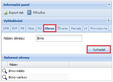 Obrázek 51 Vyhledávání okresu 4.7.7 Čtverec Zadejte kód čtverce ve formátu XXX-YYYY a stiskněte tlačítko Vyhledat.