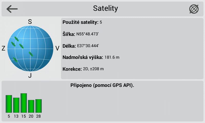 Satelity Obrazovka Satelity je určena k zobrazení informací o signálech přijatých ze satelitů (GPS a/nebo GLONASS) a počtu satelitů, ze kterých jsou data přijímána, stejně jako jejich pozice.