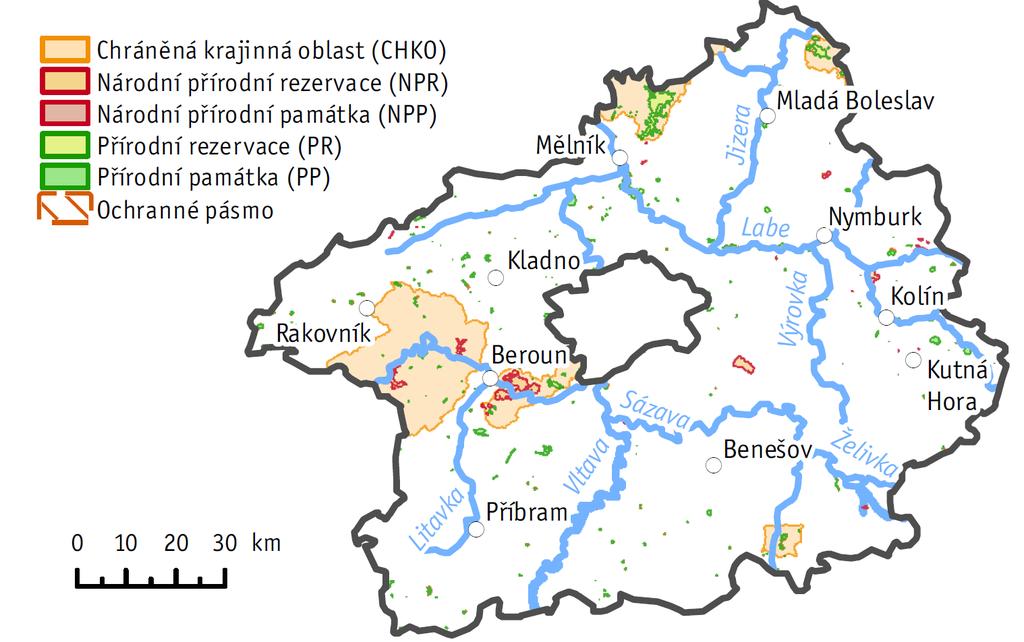 4 Ochrana přírody 4.1 Územní a druhová ochrana přírody Na území Středočeského kraje se v roce 2014 nacházelo, nebo do něj zasahovalo, pět velkoplošných zvláště chráněných území (Obr. 4.1.1).