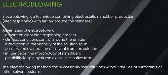 CONTIPRO GROUP Electroblowing Technika kombinující elektrostatické zvlákňování s prouděním vzduchu kolem zvlákňovací elektrody Umožňuje: - úpravu klimatických podmínek