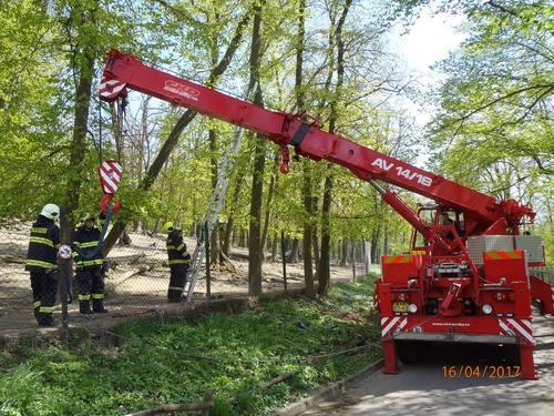 dubna 2017 - hasiči ze stanic Přehrada a Lidická odstraňovali nebezpečně nakloněný strom v areálu brněnské ZOO.