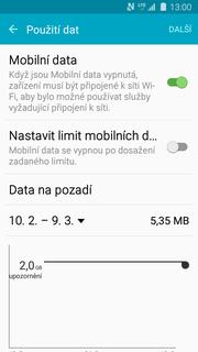 18 z 37 Zap./Vyp. internetu v ČR Použití dat. Internet zapnete/vypnete stisknutím vypínače na konci řádku Mobilní data. Zap./Vyp. internetu v zahraničí Mobilní sítě.