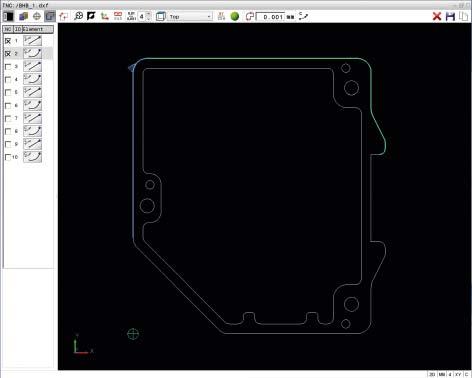 Zvláště pohodlný je výběr obrysu. Nejdříve se vybere určitá část obrysu kliknutím myši. Jakmile zvolíte druhý prvek, zná TNC vámi požadovaný smysl otáčení a zahájí TNC automatické rozpoznání kontury.