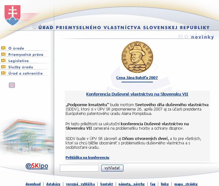 Obr. 6: Úvodní strana Úřadu průmyslového vlastnictví SR (http://www.upv.sk/).