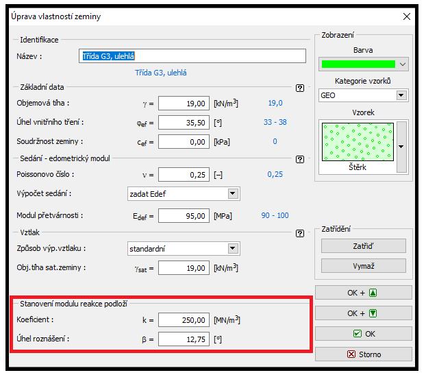 Geologický profil řešené úlohy se zadává pomocí rámu Profil, Zeminy a Přirazení.
