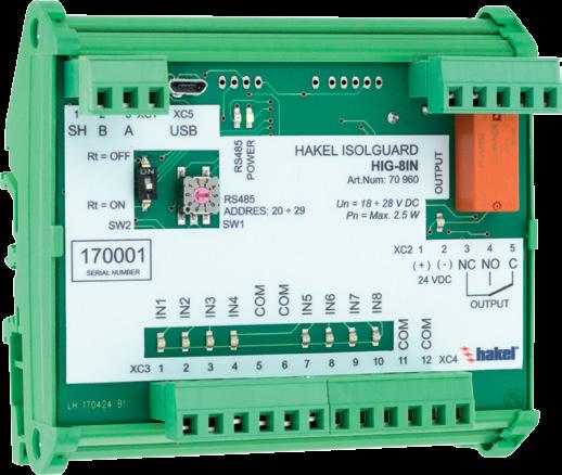 Zdravotní zařízení HAKEL ISOLGUARD HIG-8IN Modul vstupů a výstupu HIG-8IN je navržen jako rozšiřující zařízení pro systém sledování izolačního stavu HAKEL ISOLGUARD.