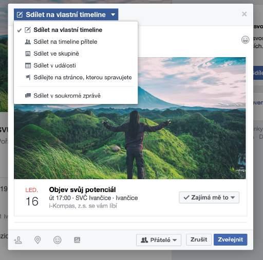 16. Událost sdílejte i jako příspěvek na svém osobním profilu, ideálně doplňte osobním textem, např.