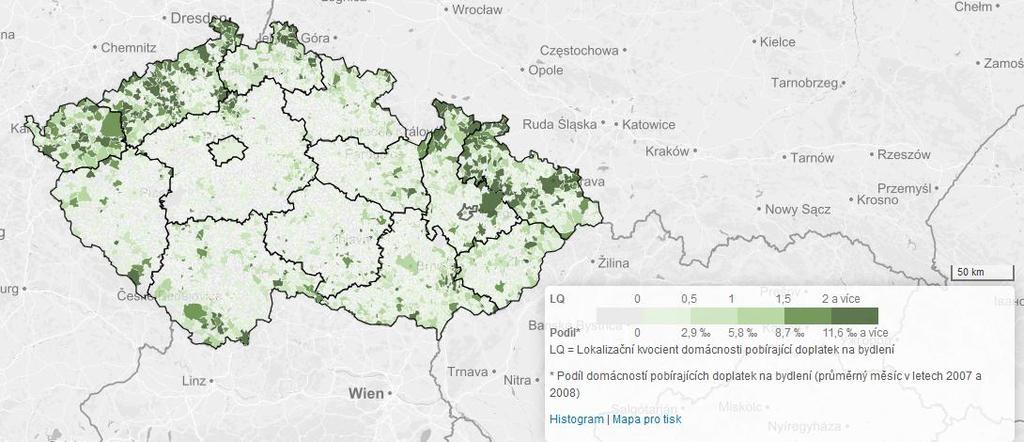 17: Podíl domácností pobírající příspěvek na živobytí v roce 2014 Zdroj: Analýza sociálně vyloučených lokalit, Gac, spol. s.r.o, 2015, https://www.esfcr.cz/mapa-svl- 2015/www/index6bd7.