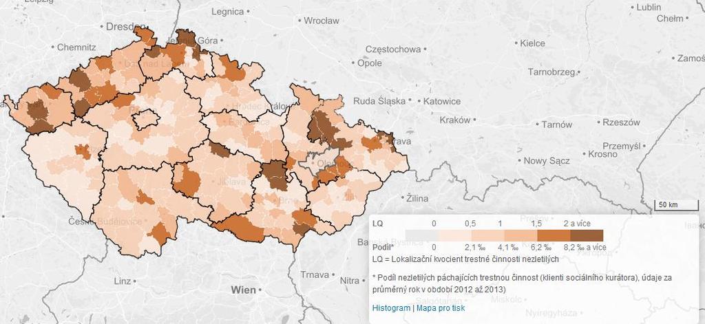 Obr. č. 19: Podíl nezletilých páchajících trestnou činnost v roce 2014 Zdroj: Analýza sociálně vyloučených lokalit, Gac, spol. s.r.o, 2015, https://www.esfcr.cz/mapa-svl- 2015/www/indexbc3b.html?