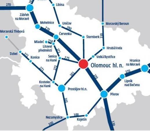 Obr. č. 32: Významné železniční tratě Zdroj: http://www.cd.cz/olomoucky-kraj/mapa-trati/-7247/ Městem Olomouc prochází celkem pět železničních tratí: č.