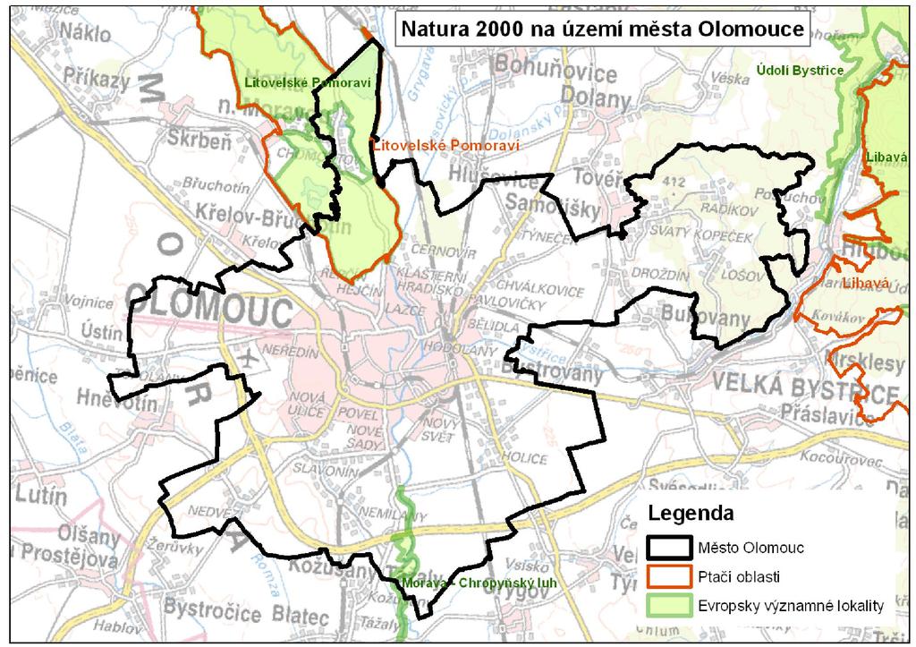 Obr. č. 38: Ptačí oblasti a evropsky významné lokality na území nebo blízkosti města Olomouce Zdroj: AOPK ČR Níže uvádíme základní popis lokalit, které zasahují přímo na území města.