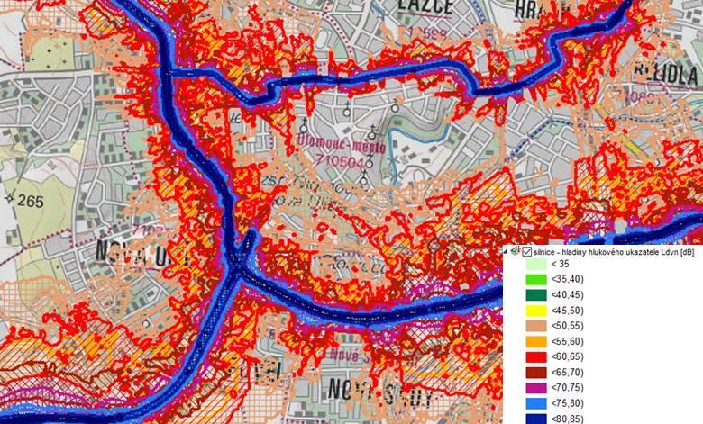Ze Strategické hlukové mapy silnic (viz níže), která je dostupná na Národním geoportálu INSPIRE, je taktéž patrné, jak automobilová doprava ovlivňuje hlukem okolí hlavních dopravních komunikací.