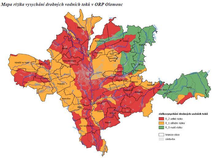 Obr. č. 49: Riziko vysychání drobných vodních toků v ORP Olomouc Zdroj: ÚAP, 2016 