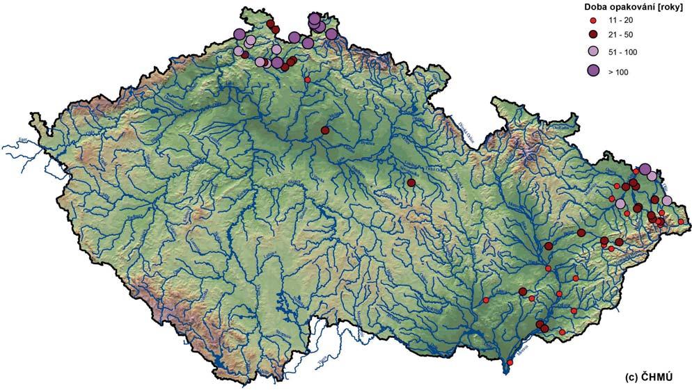 Obr. 2 Přehled zaznamenaných kulminací větších než 100letá povodeň na území ČR. Fig. 2. Peak flows over 100-y return period observed in the Czech Republic in 2010. opakování 100 let [1].