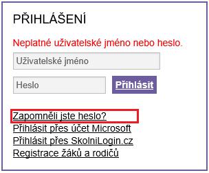 6.1.1 Problémy s přihlašováním do aplikace Pokud má uživatel s rolí "zákonný zástupce" nebo "žák/student" problémy s přihlášením do aplikace (nefunguje heslo, zapomenutí přihlašovacích údajů,