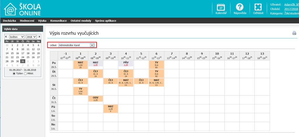 V poli Učitel se provádí výběr učitele, pro kterého požadujeme zobrazení výpisu rozvrhu. Na obrázku níže je znázorněn příklad zobrazení výpisu rozvrhu vyučujících. 9.