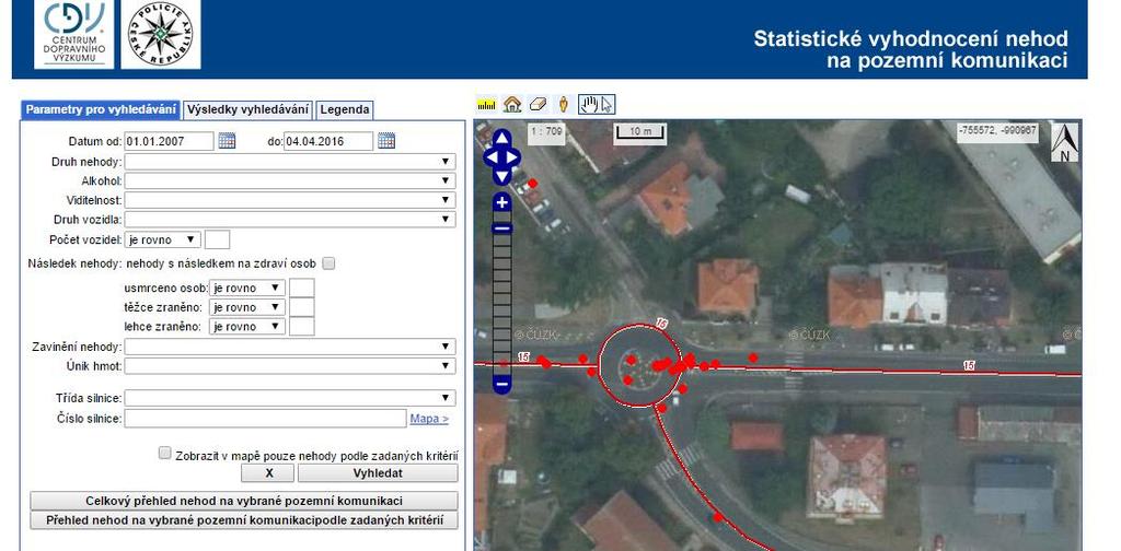 5. Vyhodnocení dat o dopravních nehodách Nehodovost byla vyhodnocována stejně jako v mé bakalářské práci pomocí grafického informačního systému Jednotná dopravní vektorová mapa (viz Obrázek 12).