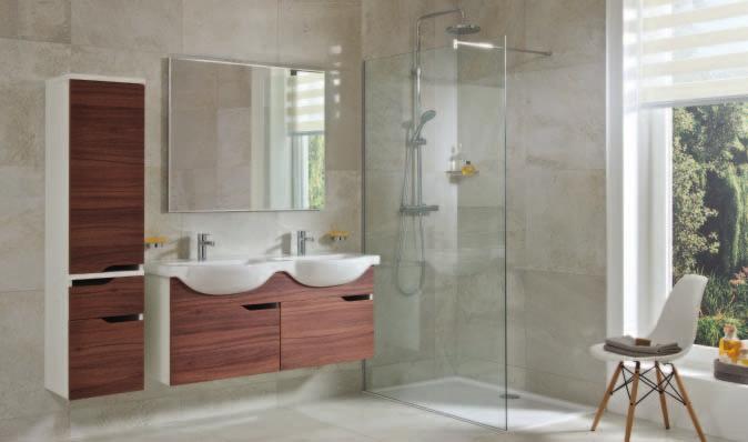 Koupelnová série Mio Kompaktní, velkorysé pojetí koupelny s dvojumyvadlem integrovaným v prostorné umyvadlové skříňce a velkým