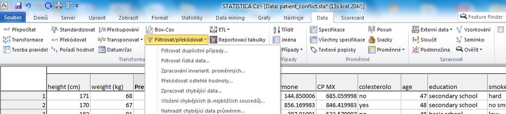 Příprava dat Příprava datového souboru Software obsahuje nástroje pro: Detekci chybějících dat a dat mimo stanovených rozsah Detekci odlehlých a extrémních hodnot Překodování a tvorbu nových