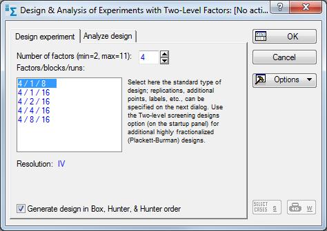 DOE návrh experimentu Design of experiments 4 faktory: 4/1/8 4 faktory v jednom bloku s 8 měřeními
