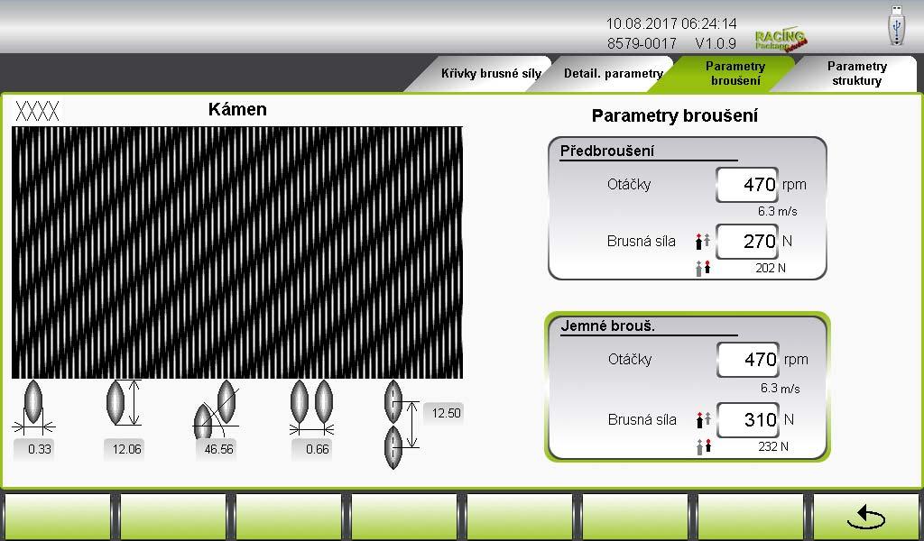 6 Změna parametrů broušení modulu Kámen Stisknutím příslušné karty se přepnete do okna Parametry broušení. Po vybrání zadávacího pole Předbroušení, příp.