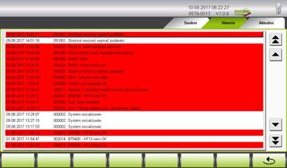 Po odstranění poruchy ji potvrďte tlačítkem Resetovat. Historie Po stisknutí karty se otevře okno Historie.