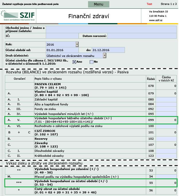 Finanční zdraví (FZ) kontrola příloh Rovná se