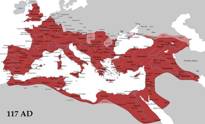 Římská říše vytvořila vojenskou mašinérii, s níž si podmanila všechna území kolem Středozemního moře i mnohá další viz mapa impéria v době